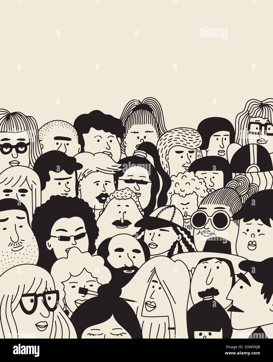 Faces of people - hand drawn doodle set. Black and white vector ...