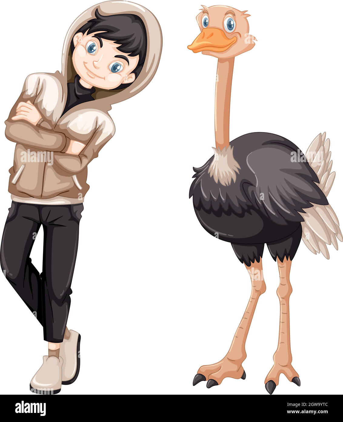 Teenage boy and wild ostrich Stock Vector