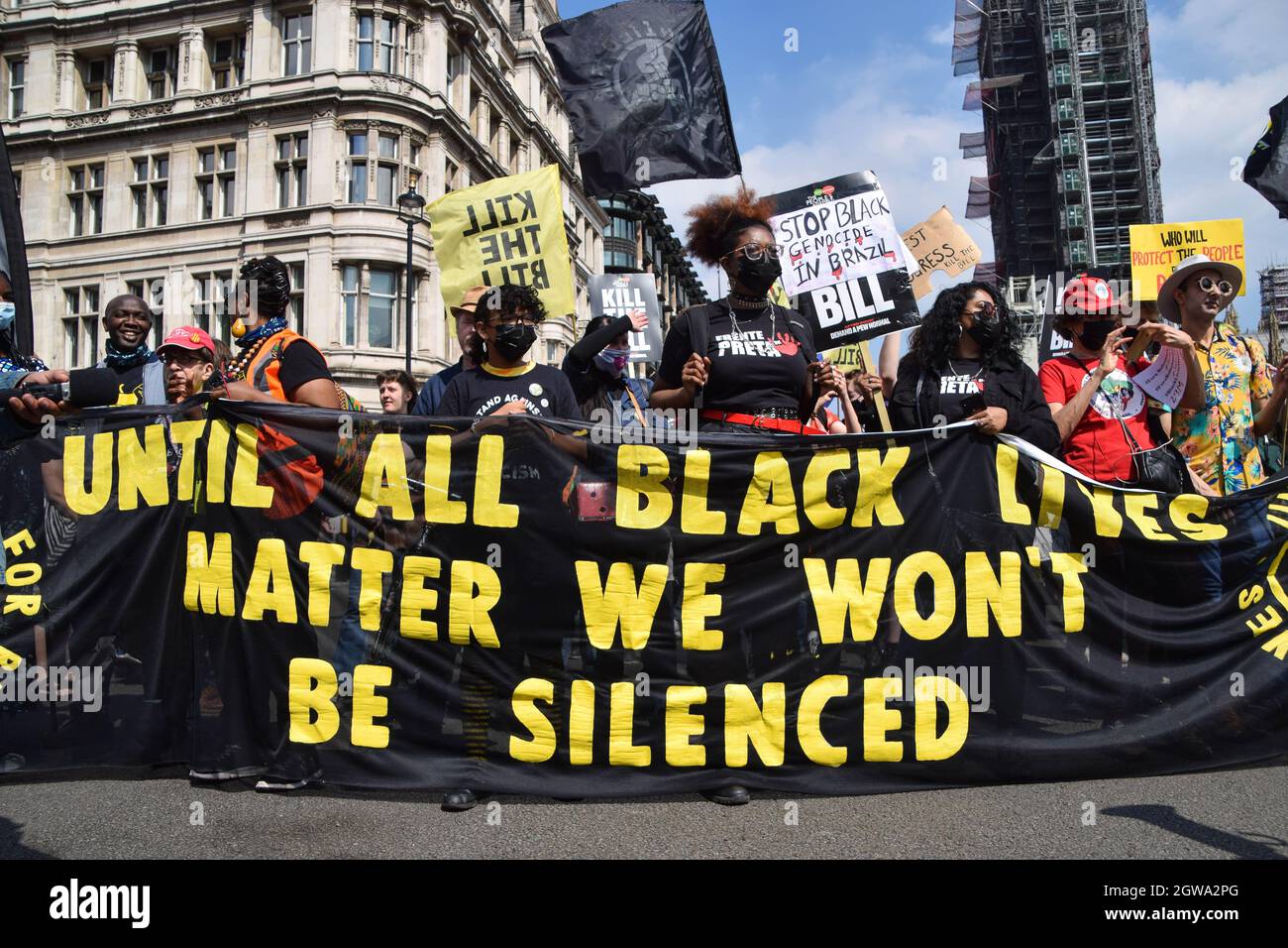 London, United Kingdom. 29th May 2021. Black Lives Matter activists at the Kill The Bill protest in Parliament Square. Various groups marched through Central London in protest of the Police, Crime, Sentencing and Courts Bill. Stock Photo