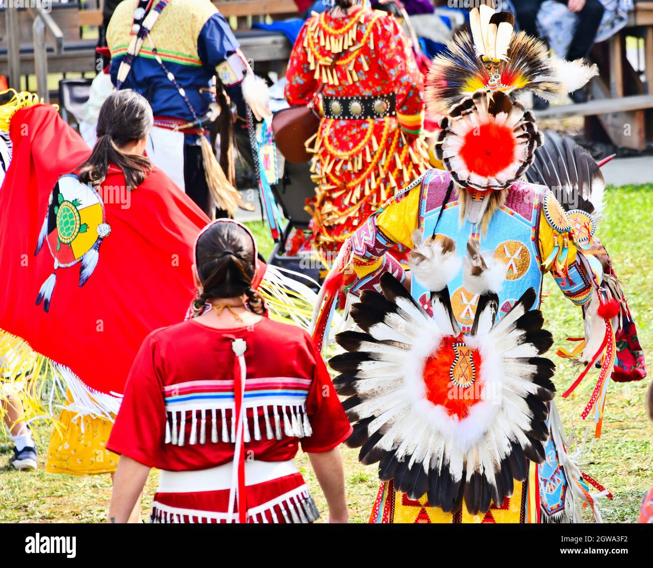 First Nation people dancing at the Fort William First Nation Pow Wow for 'celebration and healing' in Thunder Bay, Ontario, Canada in 2021, Stock Photo