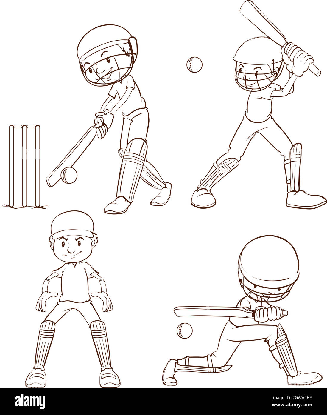Plain sketches of the cricket players Stock Vector