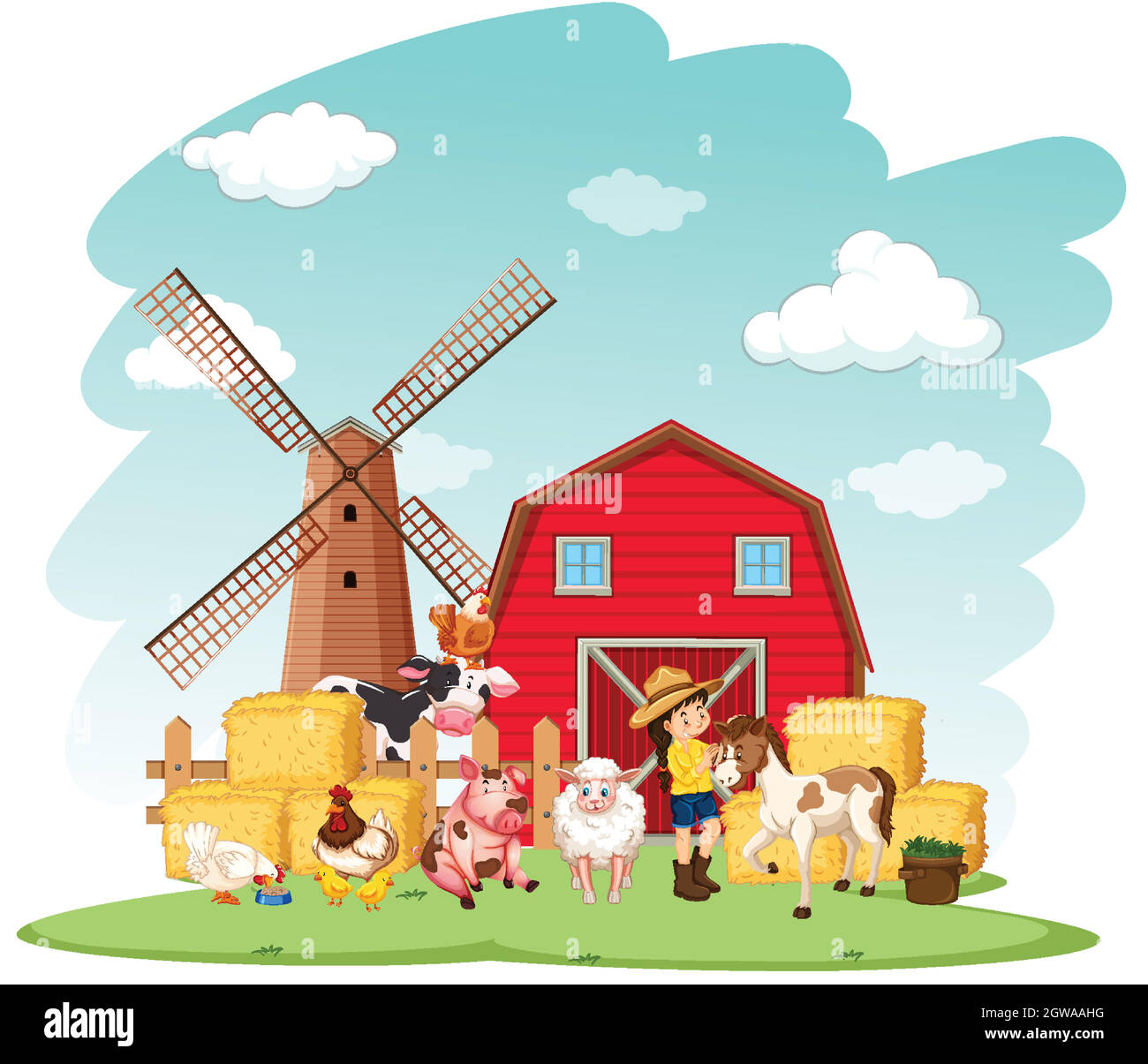 Farm scene with farmer and animals on the farm Stock Vector Image & Art ...