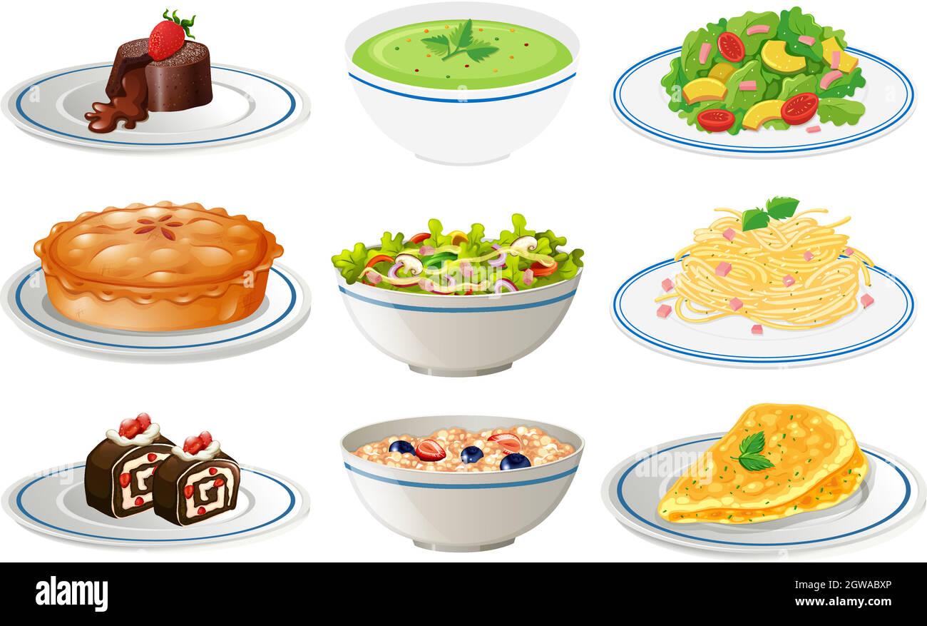 Different kinds of food on white plates Stock Vector Image & Art Alamy