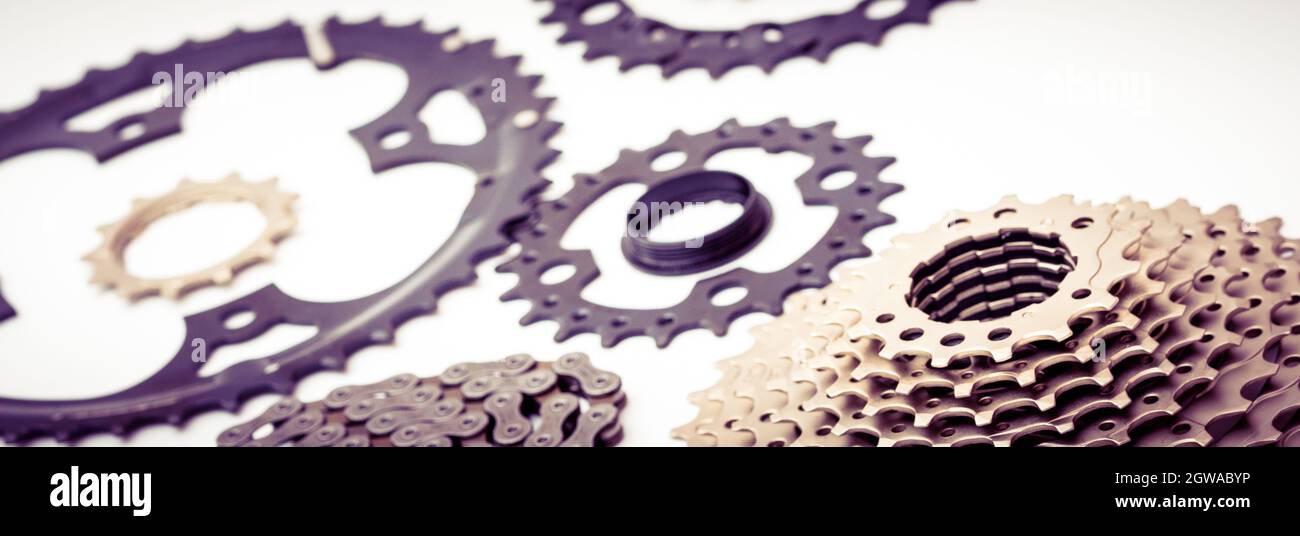 Gears, sprockets and chain of a mountain sports bike on a white
