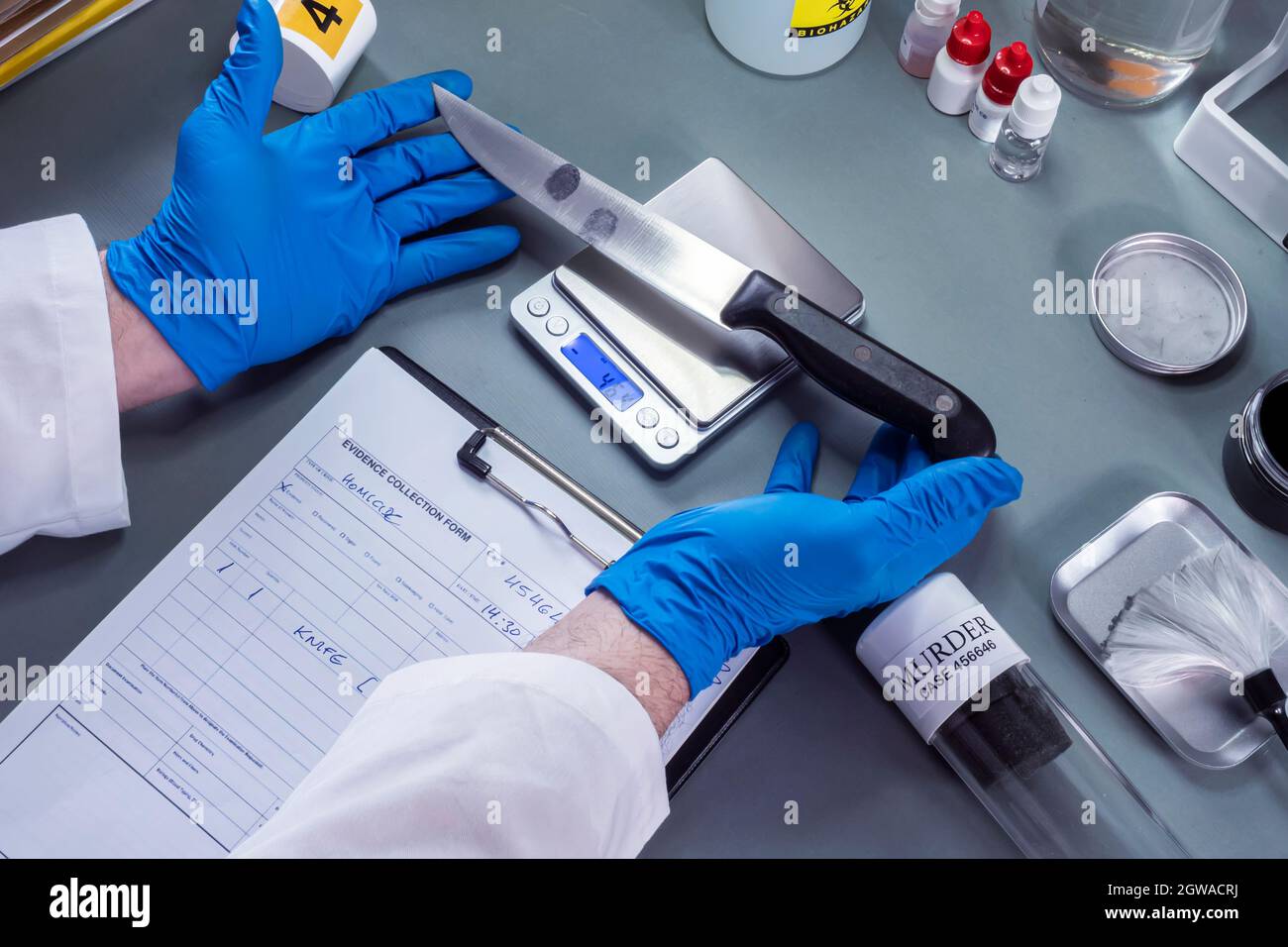 Specialised police weigh knife, bladed weapon involved in crime lab murder on balances Stock Photo