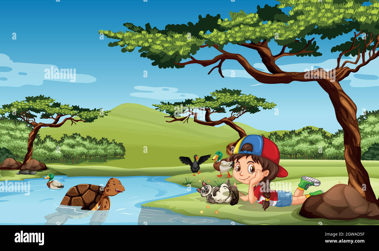 Girl and animals in the field Stock Vector Image & Art - Alamy