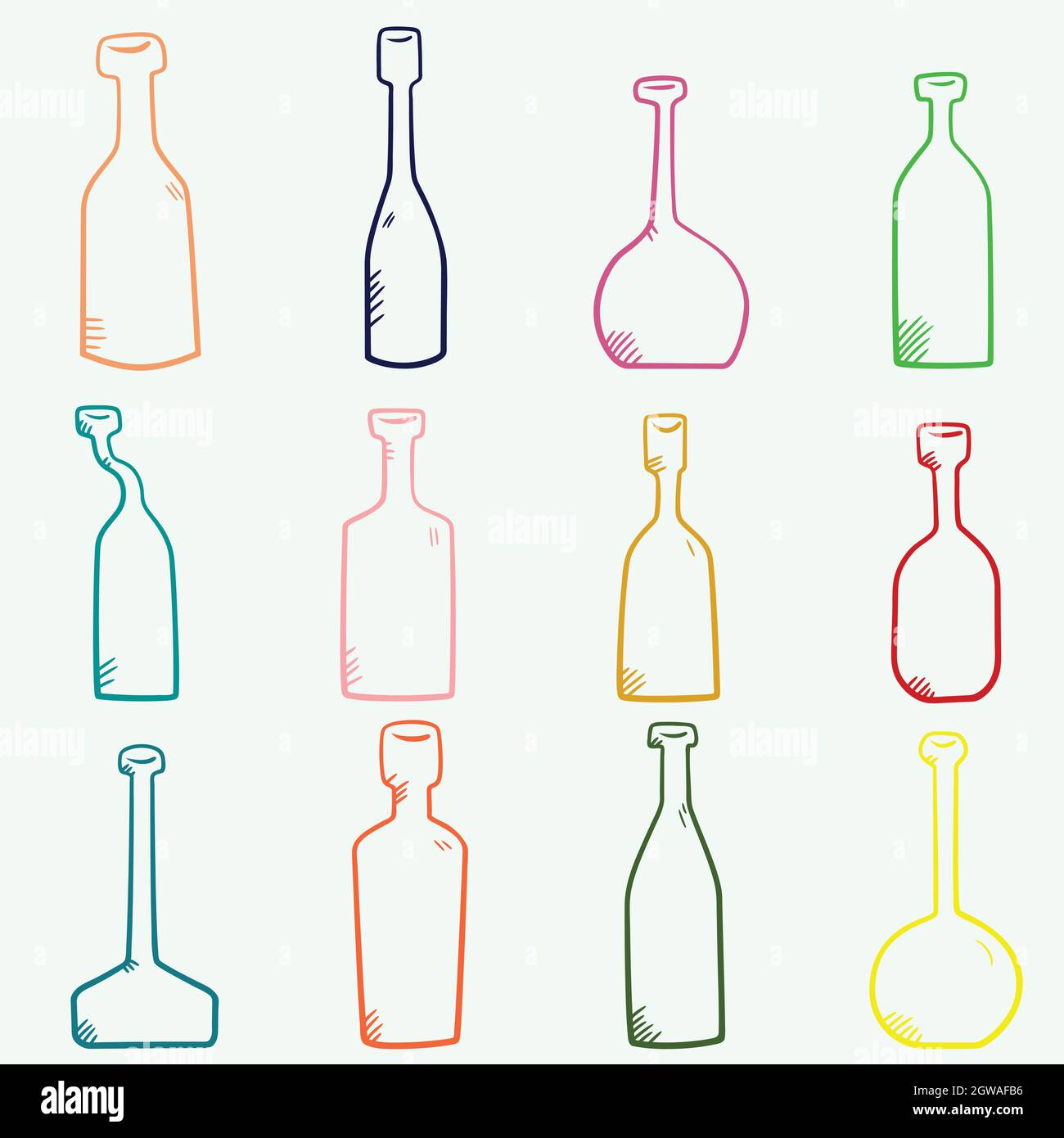Hand Drawn Bottles. Potion vials, old medicine, unique apothecary flasks, vintage wine bottles. Colored Outline. Stock Vector