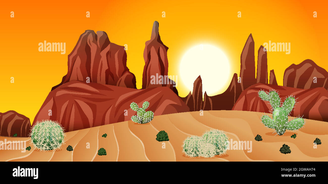 Desert with rock mountains and cactus landscape at sunset scene Stock ...