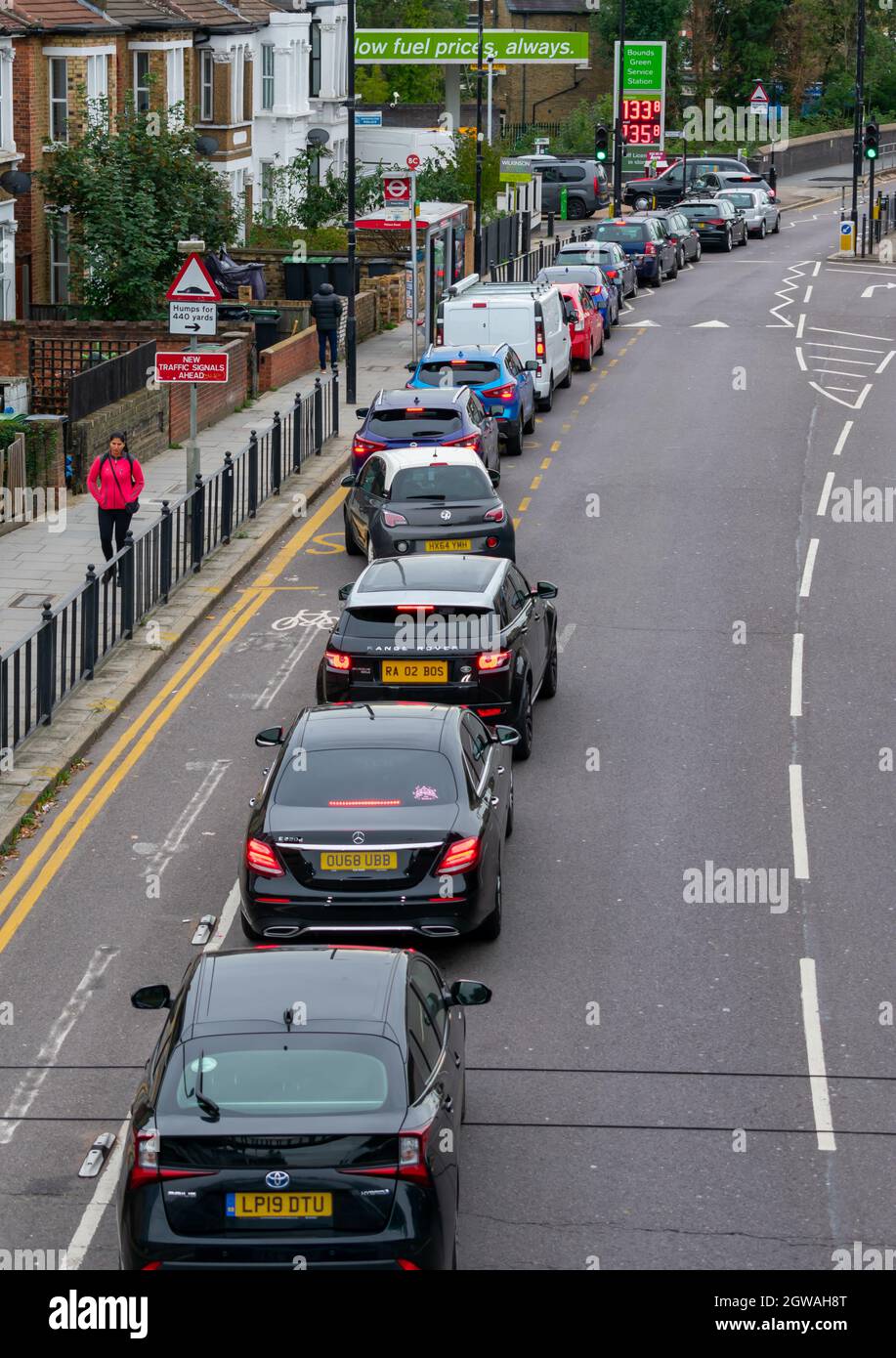 London. UK. 10.02.2021. Motorists struggling to get into a forecourt to refill the vehicles with no sign of fuel shortage crisis easing in the capital Stock Photo