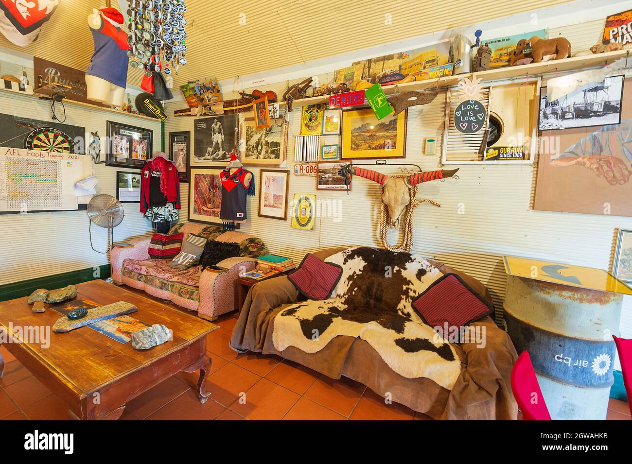 Interior of the famous old Iron Clad Hotel and its memorabilia at Marble Bar, Pilbara, Western Australia, Australia Stock Photo