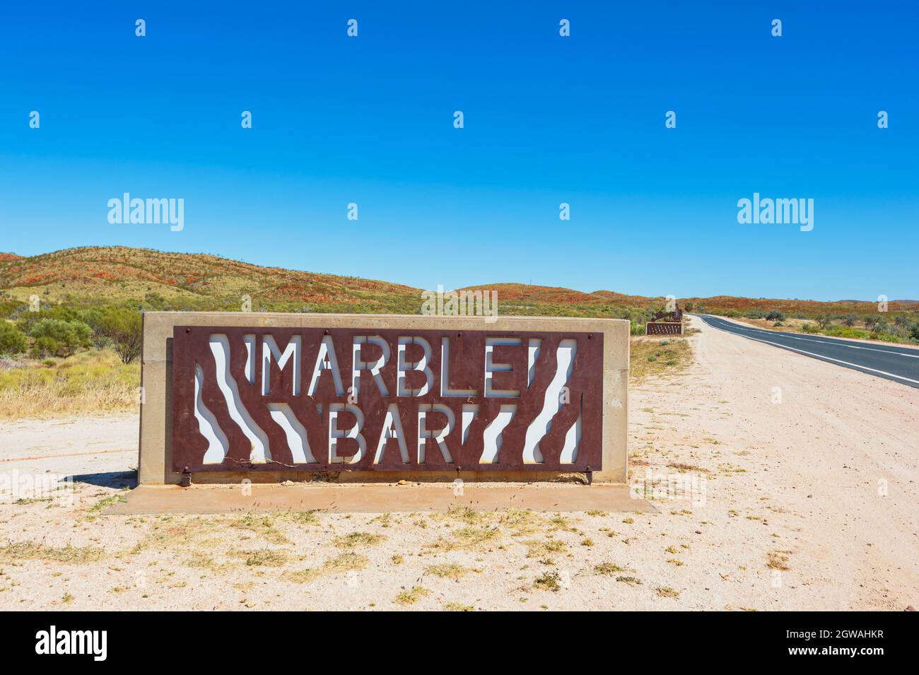 Roadside metal artwork with the town name, Marble Bar, Pilbara, Western Australia, Australia Stock Photo