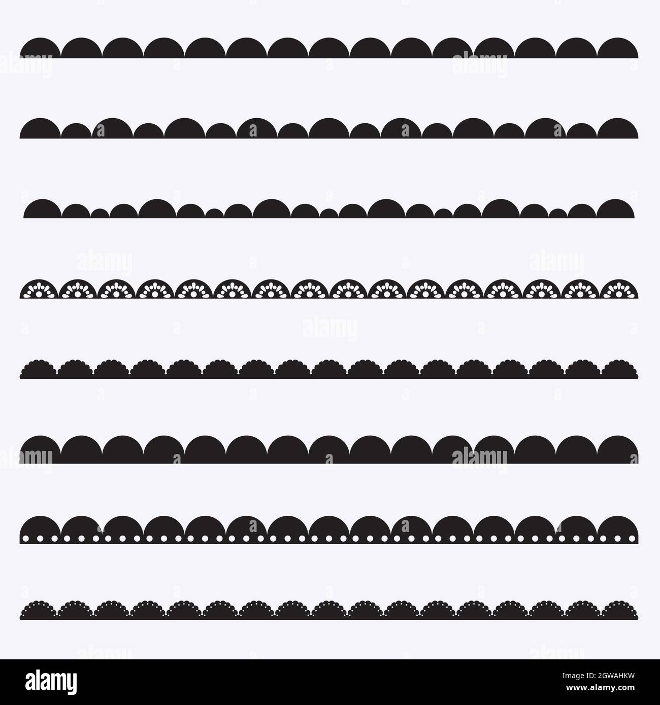 Seamless scalloped borders. Hand drawn brushes. Text divider, lace, waves, tape, ribbon, frames. Black trims. Stock Vector