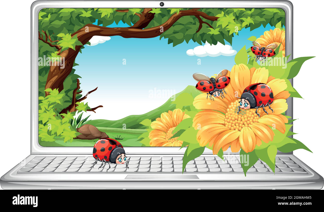 Ladybugs in garden on computer screen Stock Vector