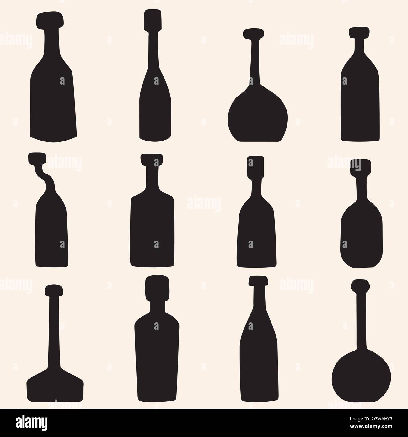 Hand Drawn Bottles. Potion vials, old medicine, unique apothecary flasks, vintage wine bottles. Black Silhouette. Stock Vector