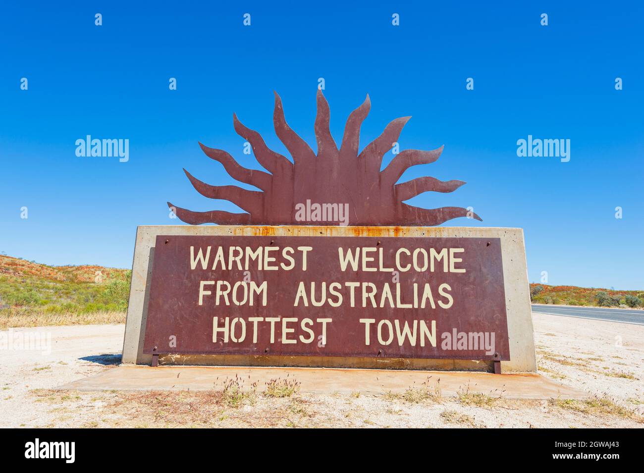 Roadside metal artwork with words warmest from Australia's