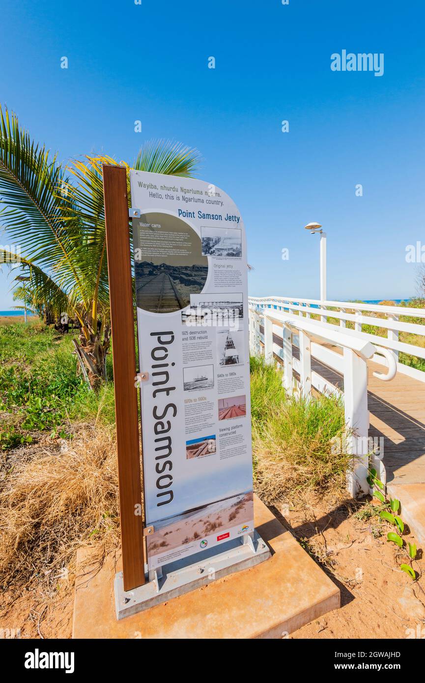 Vertical name sign for Point Samson by the jetty, Pilbara, Western