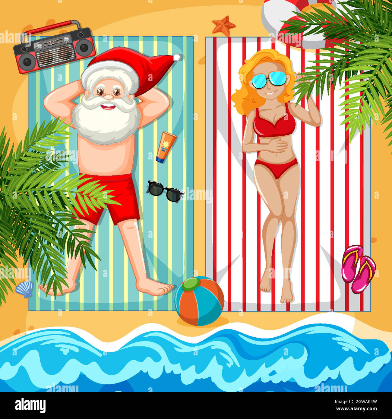 Santa Claus taking sun bath on the beach with beautiful lady Stock Vector