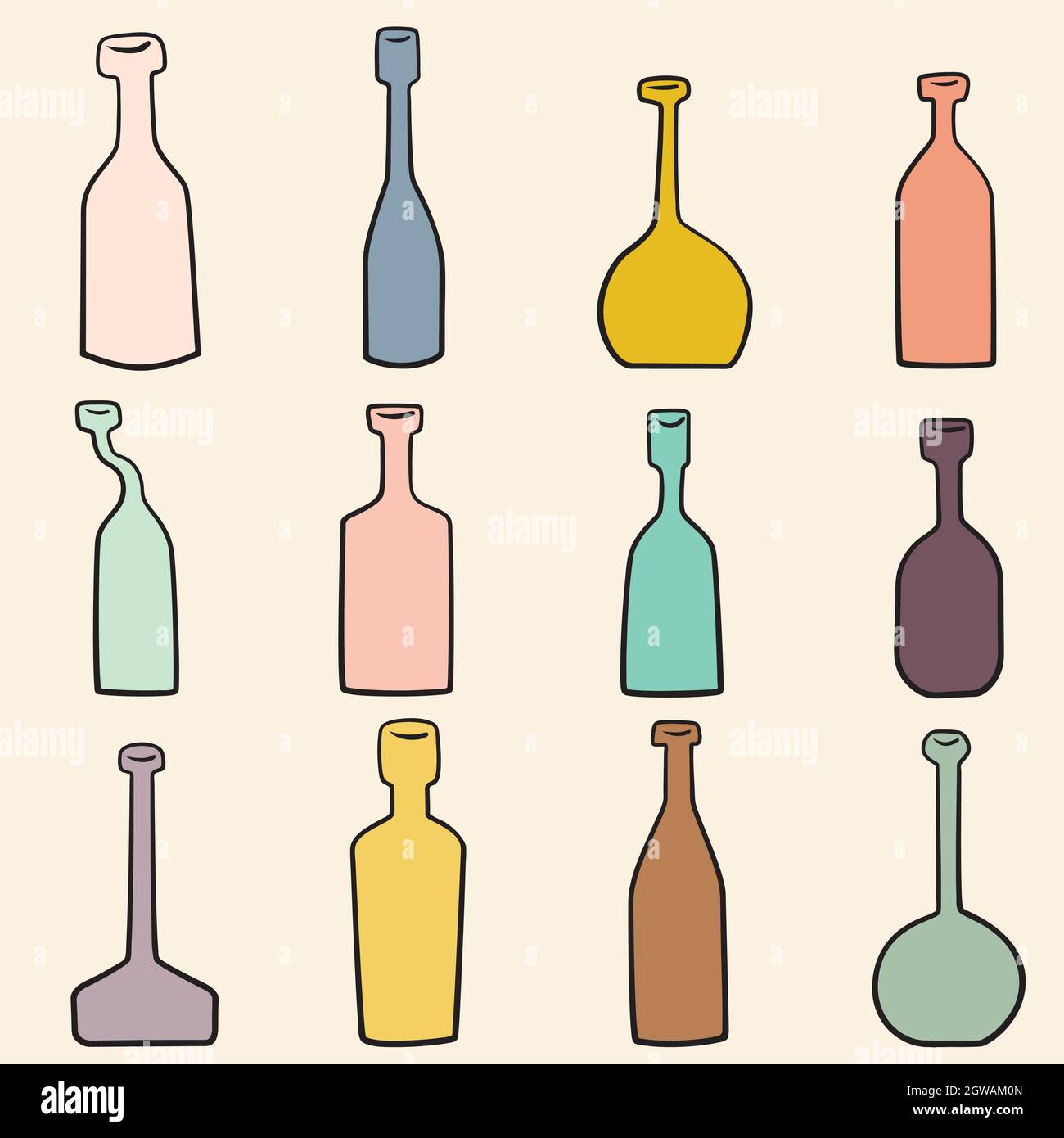 Hand Drawn Bottles. Potion vials, old medicine, unique apothecary flasks, vintage wine bottles. Colored Doodles. Stock Vector