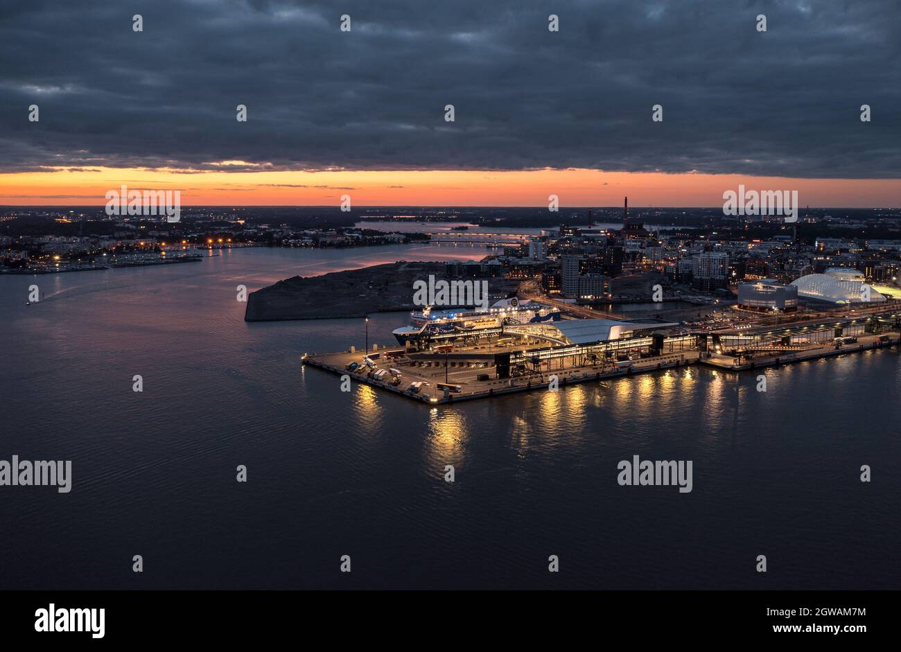 Aerial view of West Harbor at night in Helsinki, Finland Stock Photo
