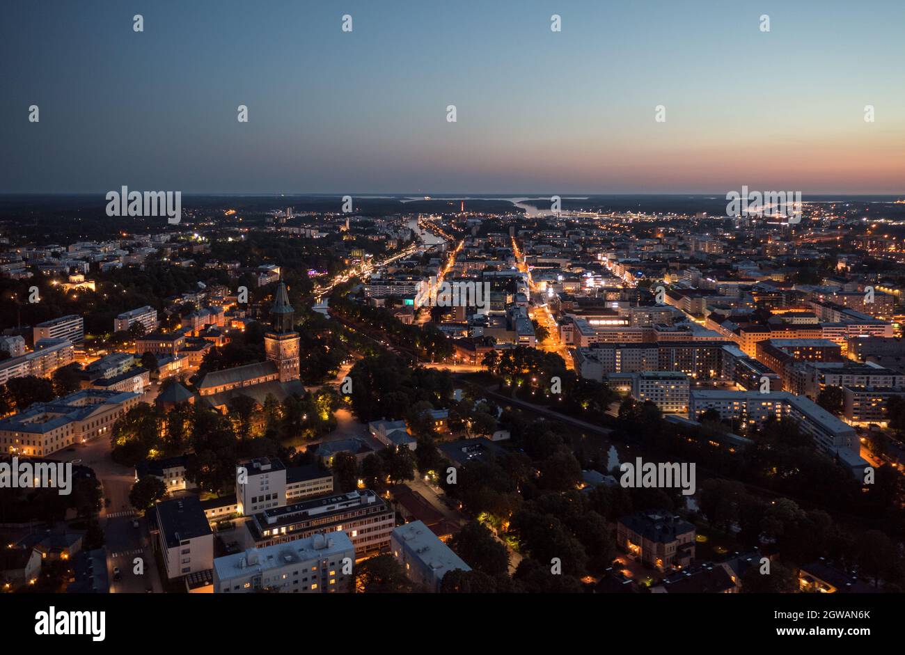 Aerial view of the city center area at night in Turku, Finland Stock Photo