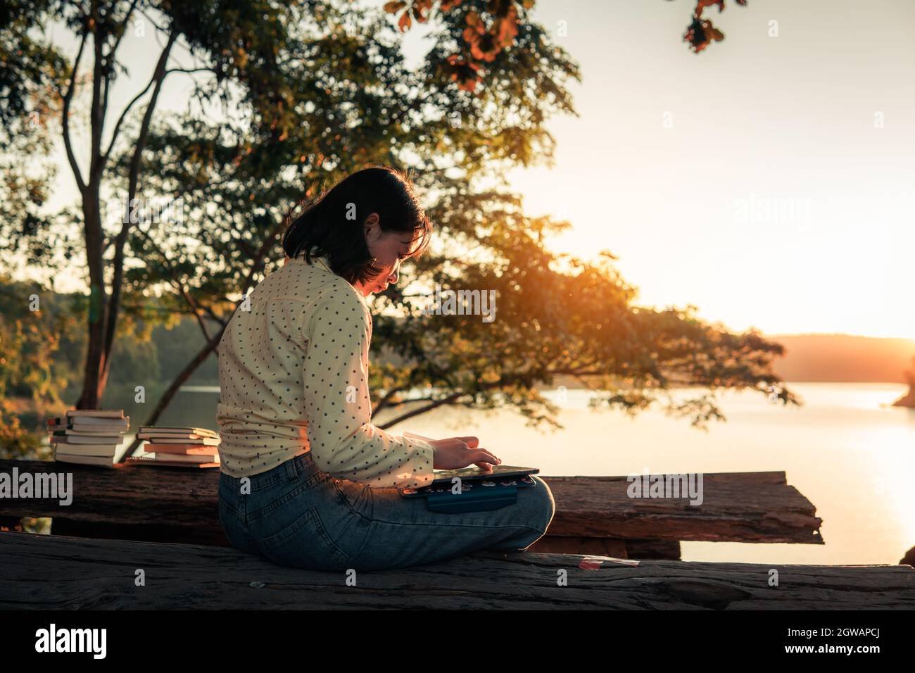 Side View Of Teenage Girl Using Digital Tablet While Sitting On Wood Stock Photo