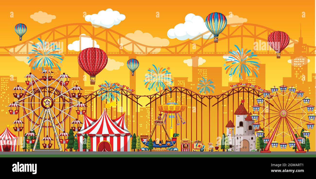 Amusement park scene at daytime with balloons and firework in the sky ...