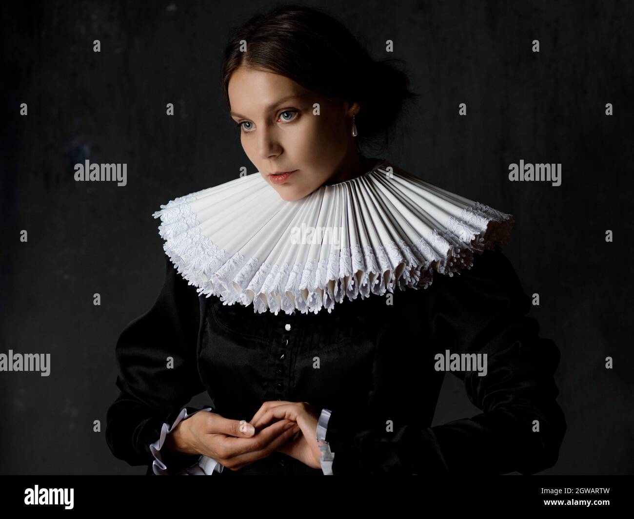 An elegant young lady in an old medieval costume, a portrait in the ...