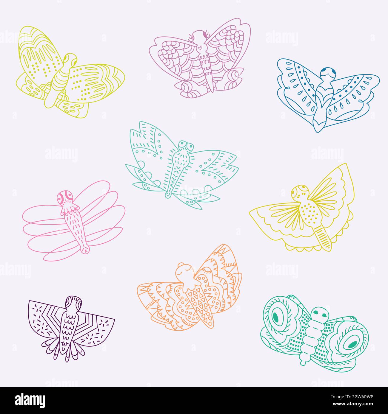 Hand Drawn Butterflies. Moth, insect, flying bugs, night critters. Colored outline. Stock Vector