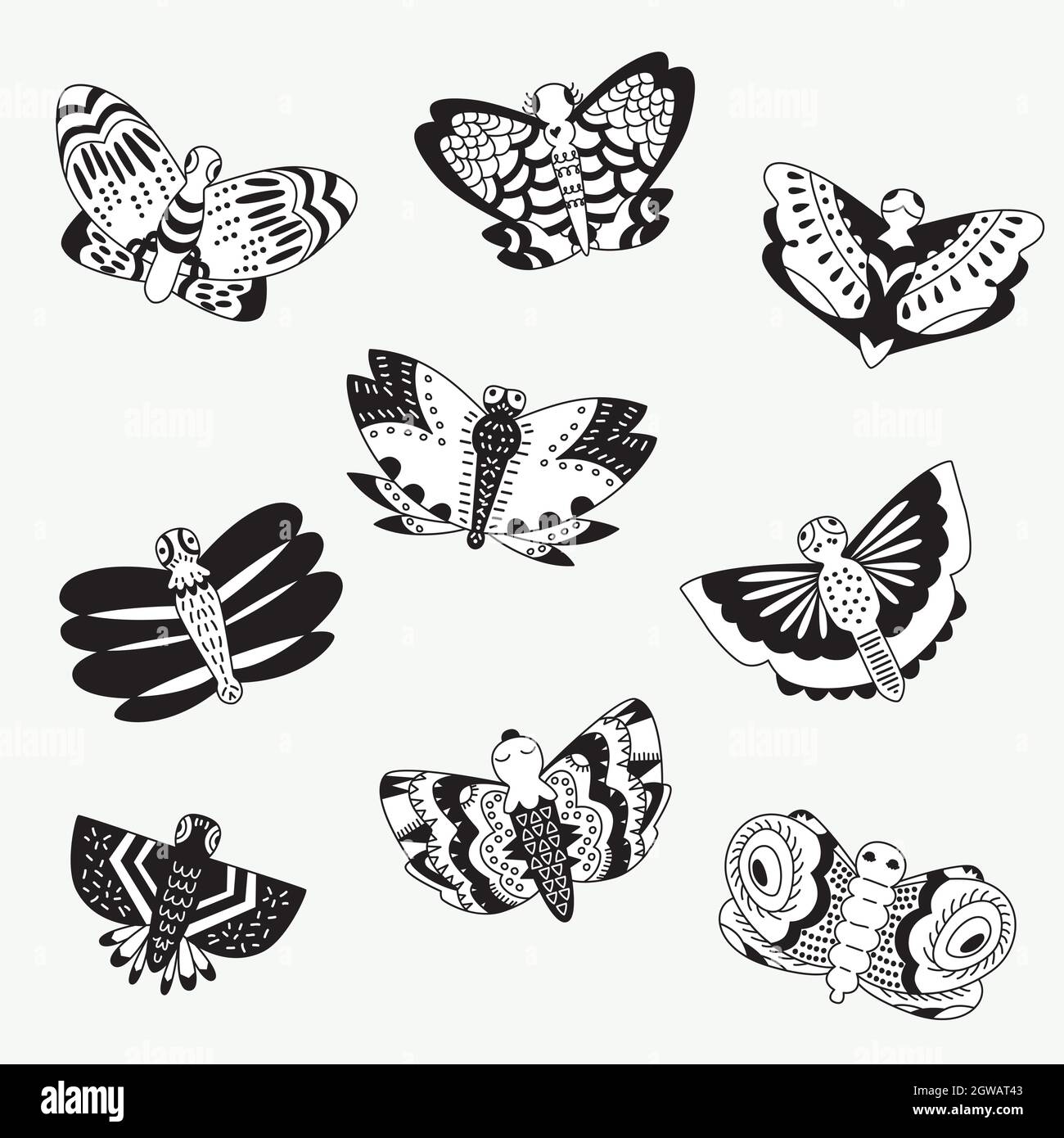 Hand Drawn Butterflies. Moth, insect, flying bugs, night critters. Black and white two tone. Stock Vector