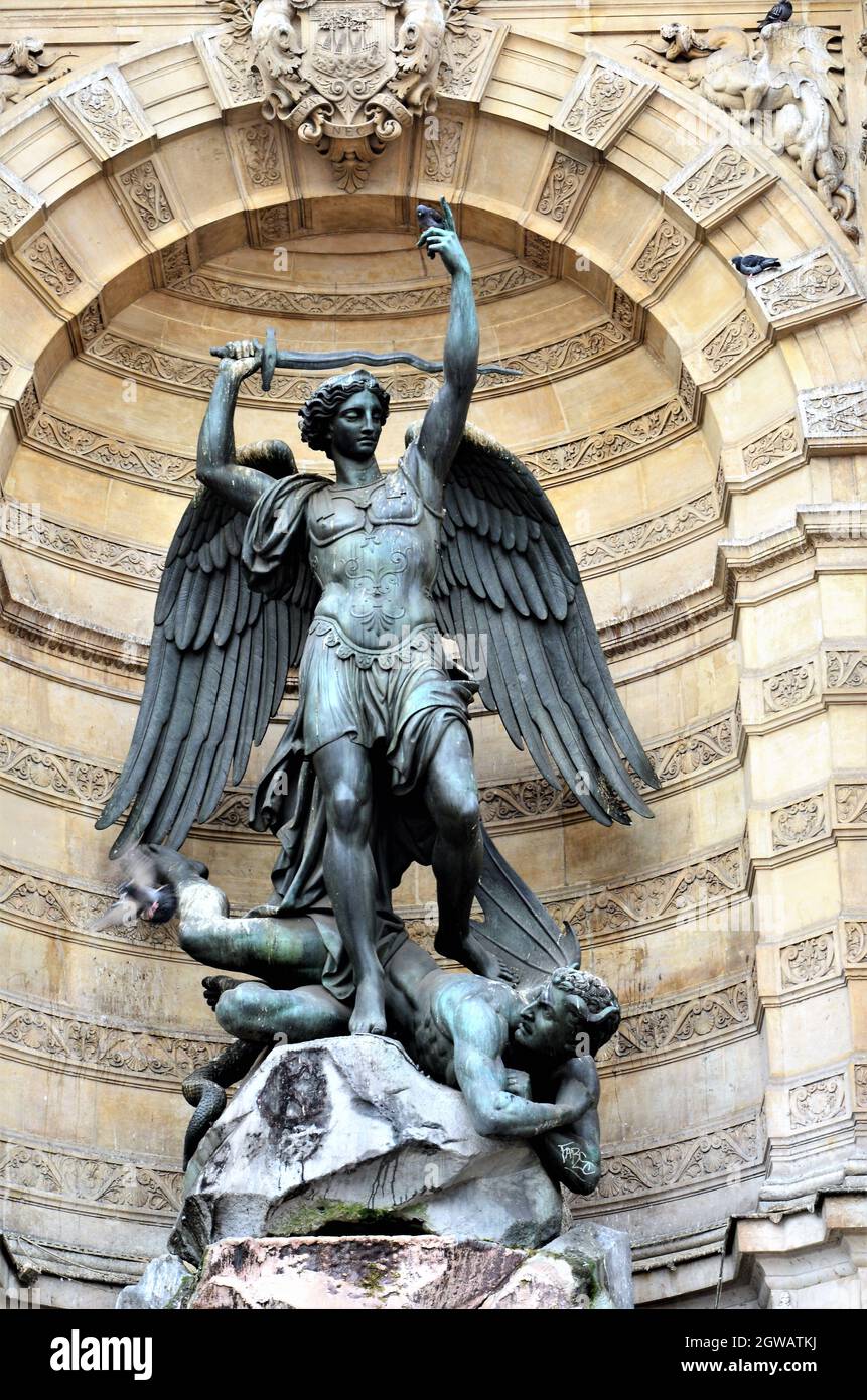 Statuary at the Fontaine Saint-Michel, Paris, Île-de-France, France ...