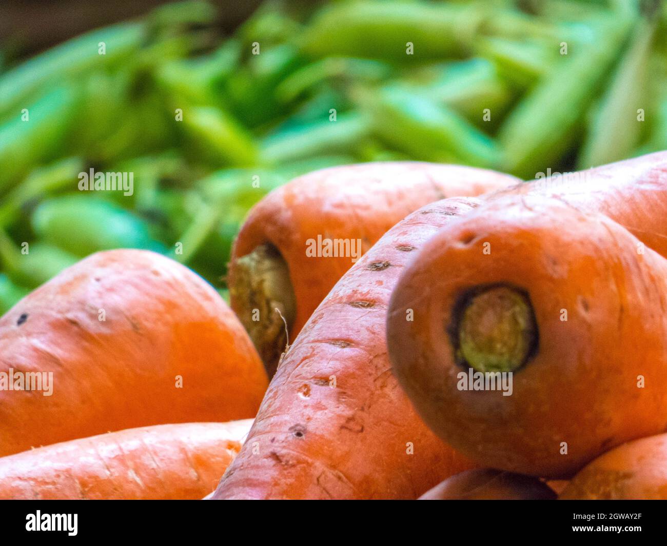 Carrots In Stock With Peas In Background Stock Photo