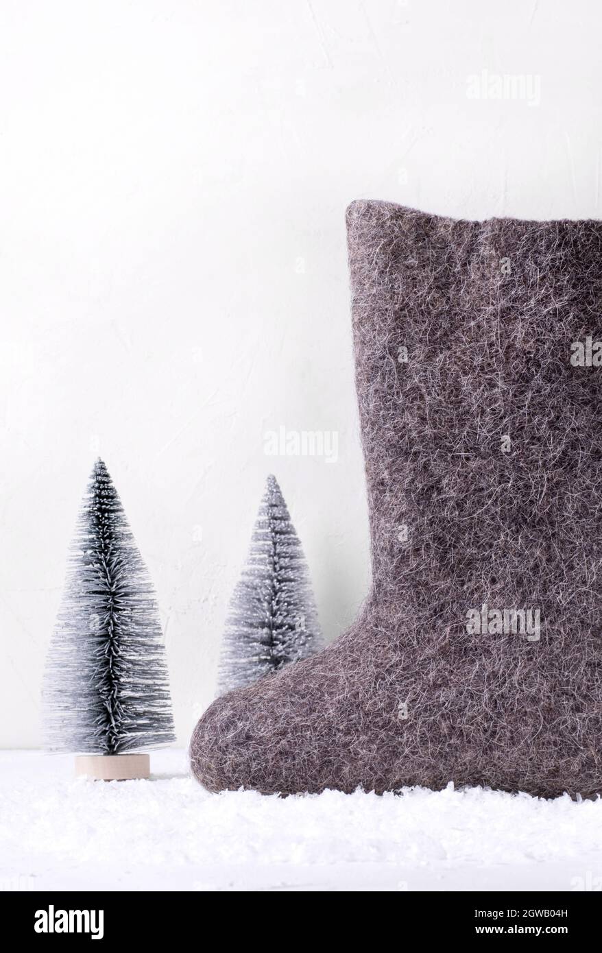 Russian Felt Boot And Small Fir Trees. Valenki, Traditional Handmade  Footwear For Cold Winter Stock Photo - Alamy