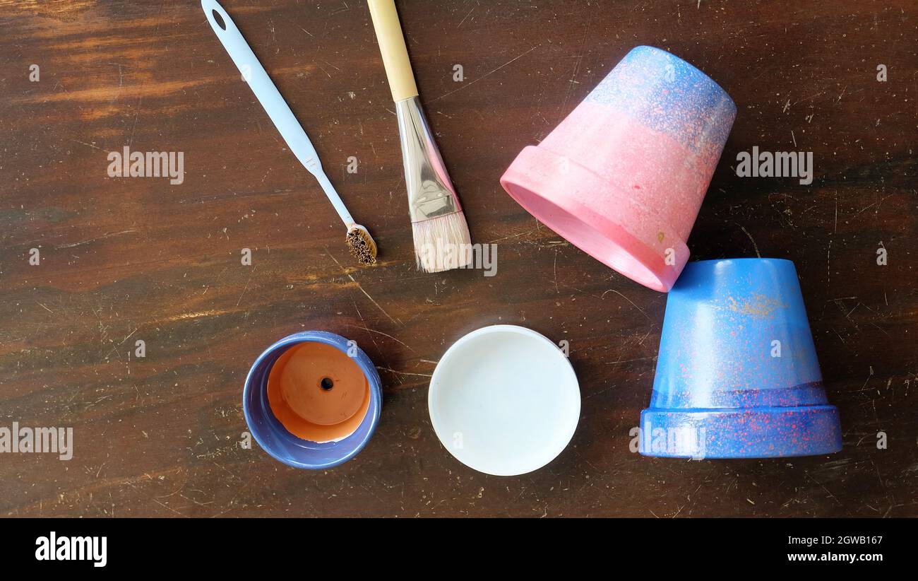 Flat lay of painted terracotta pots, paintbrush, toothbrush and a paint tray. On a wooden surface. Stock Photo