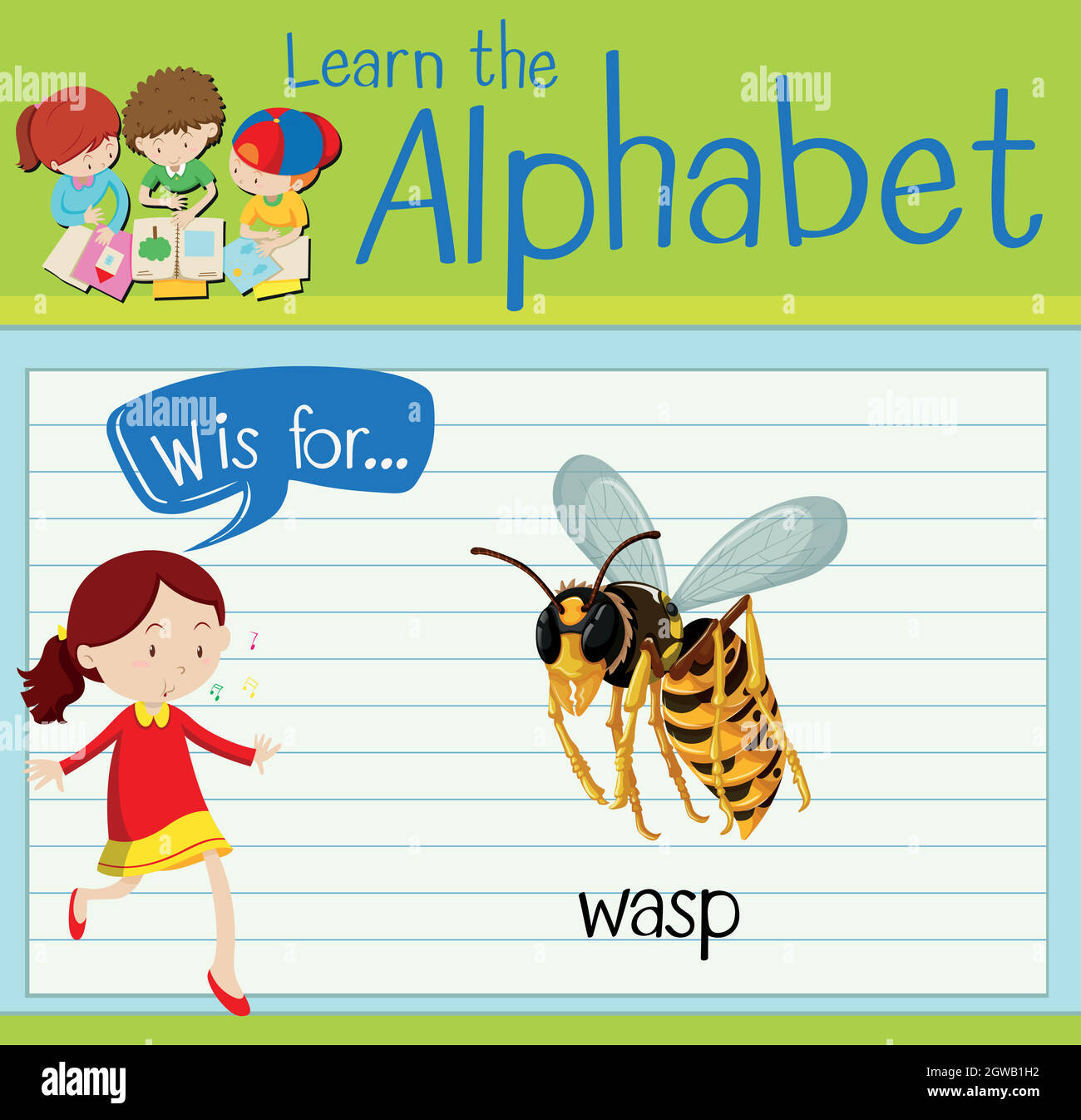 Flashcard letter W is for wasp Stock Vector