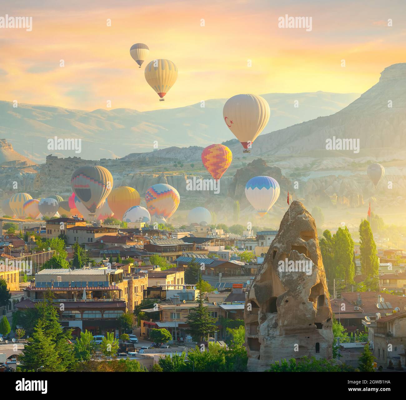 hot air balloons launch in Goreme, Turkey Stock Photo