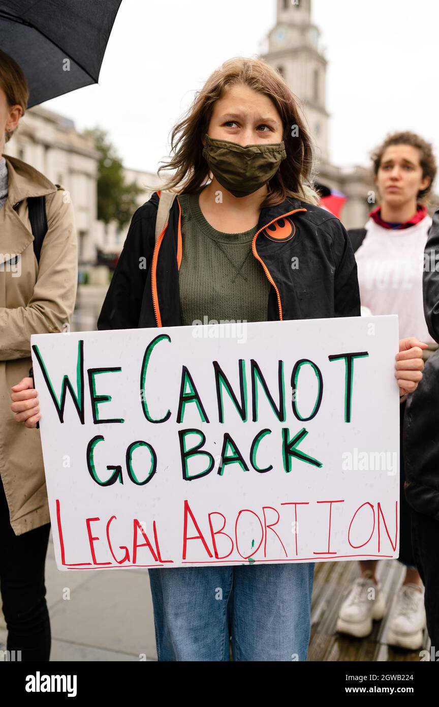 London, UK. 2 October 2021. Women's rights march in support to protests happening across the US against new abortion law in Texas Stock Photo