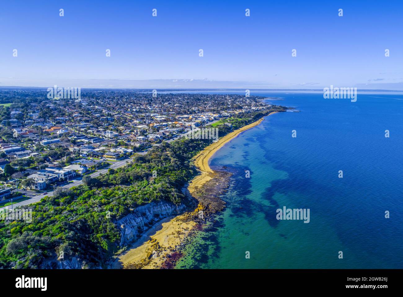 Aerial View Of Black Rock Suburb And Beautiful Port Phillip Bay Coastline In Melbourne, Australia Stock Photo