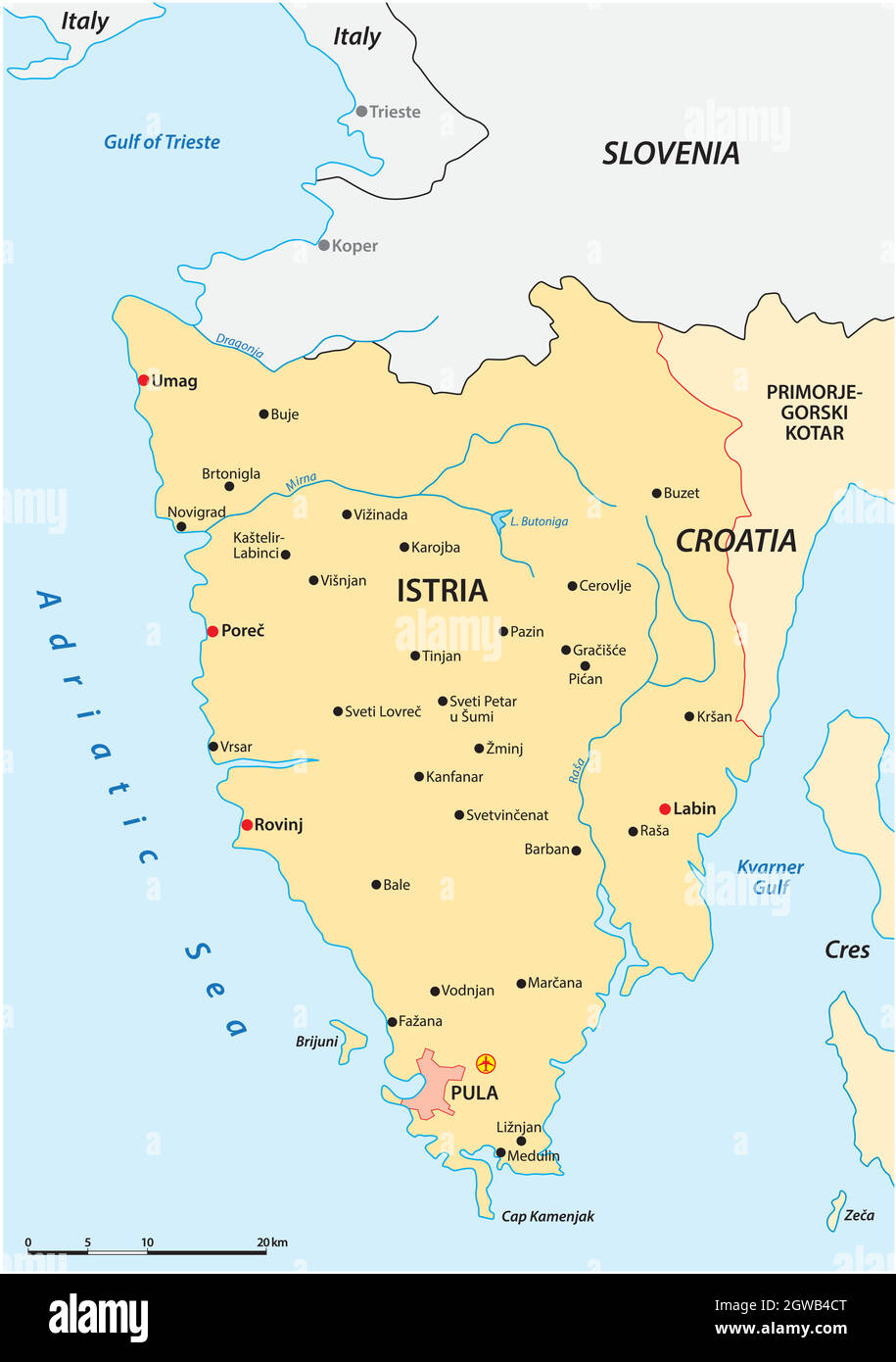 Vector map of the Croatian peninsula Istria, Croatia Stock Vector