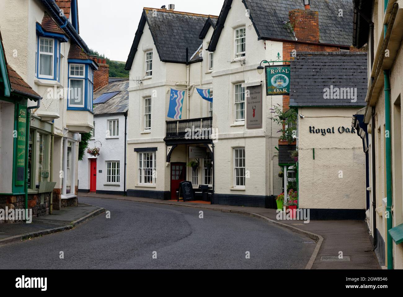 The Lorna Doone Hotel and Royal Oak inn, High Street, Porlock, Somerset, UK Stock Photo