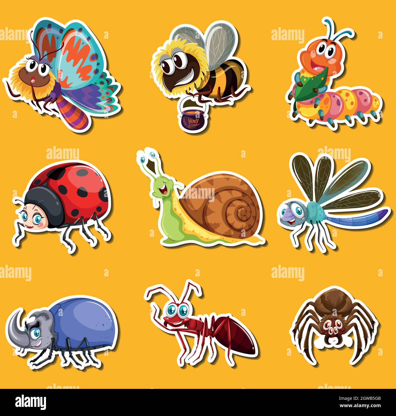 Sticker set with many insects on yellow background Stock Vector Image ...