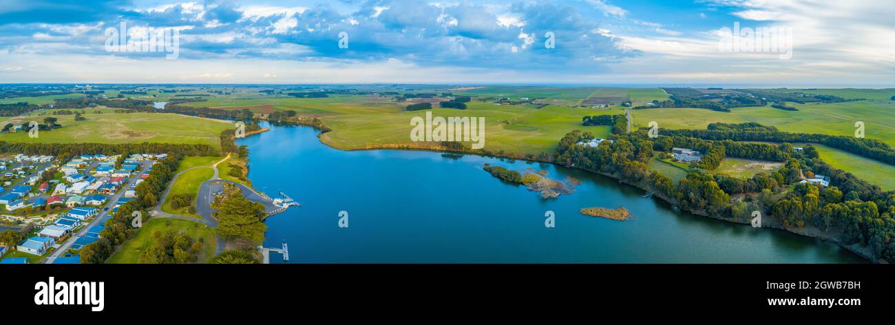 Hopkins River And Grasslands - Scenic Aerial Panorama. Warrnambool, Australia Stock Photo