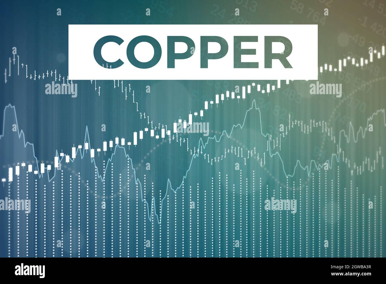 Price change on trading Copper futures on blue and gray finance background from graphs, charts, columns, pillars, candles, bars, number. Trend up and Stock Photo