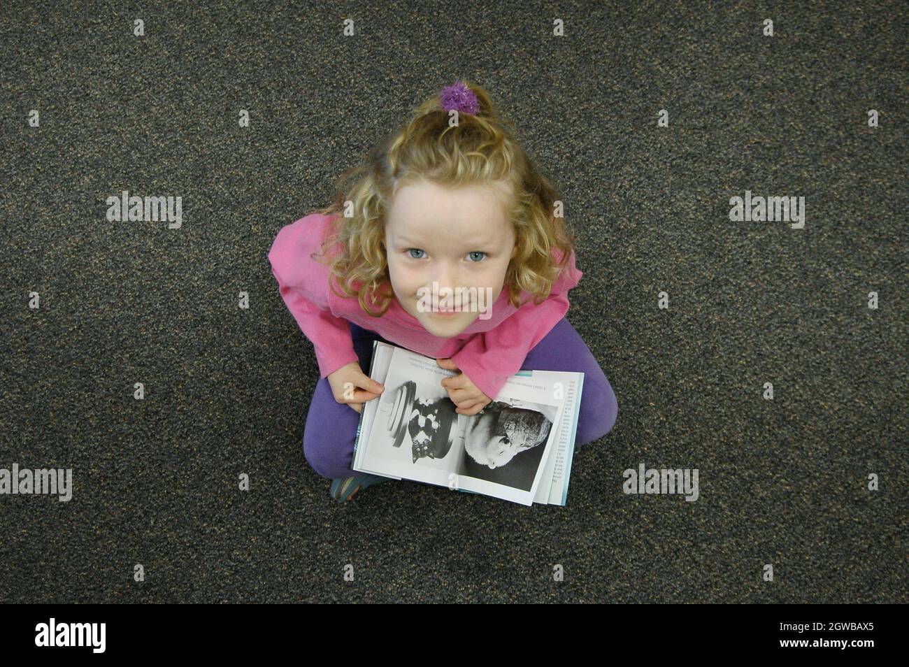 Young Girl Sitting on Floor Looking at a Book Stock Photo - Alamy