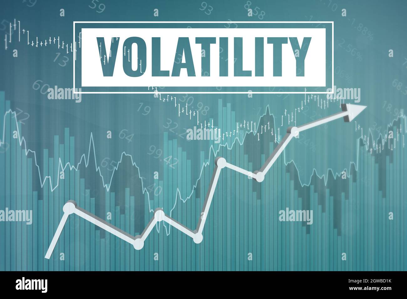 Financial term Volatility payrolls on blue finance background from graphs, charts, columns, bars, numbers. Trend Up and Down. 3D render. Financial mar Stock Photo