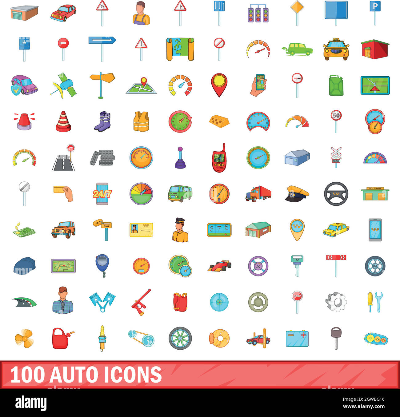 100 auto icons set, cartoon style Stock Vector