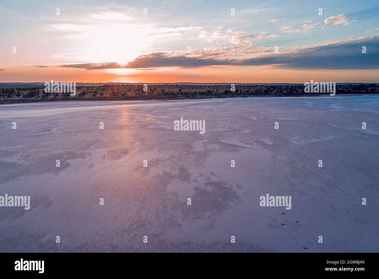 Sunrise Over Pink Salt Lake Crosbie In Victoria, Australia Stock Photo