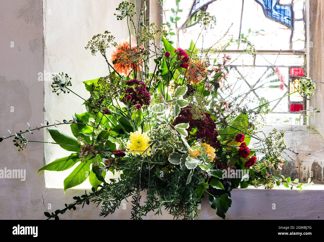 Harvest Festival Flower Display at All Saints Church, East Budleigh. Stock Photo