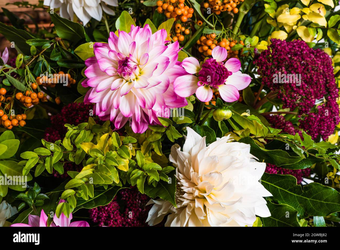 Harvest Festival Flower Display at All Saints Church, East Budleigh. Stock Photo