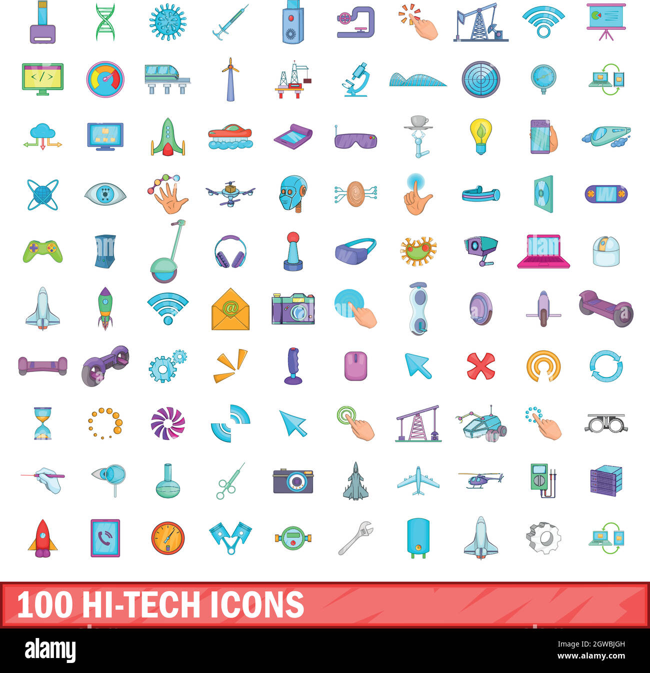 100 hi-tech icons set, cartoon style Stock Vector