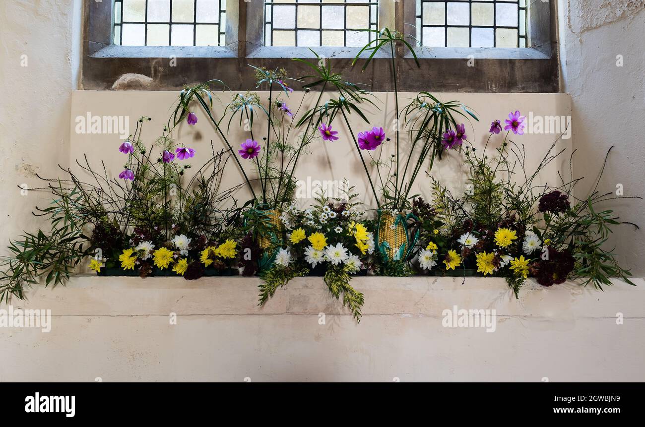 Harvest Festival Flower Display at All Saints Church, East Budleigh. Stock Photo